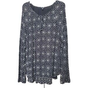 Lucky Brand Viscose Geo Print Long Sleeve Tie-Neck Peasant Tunic Size Large